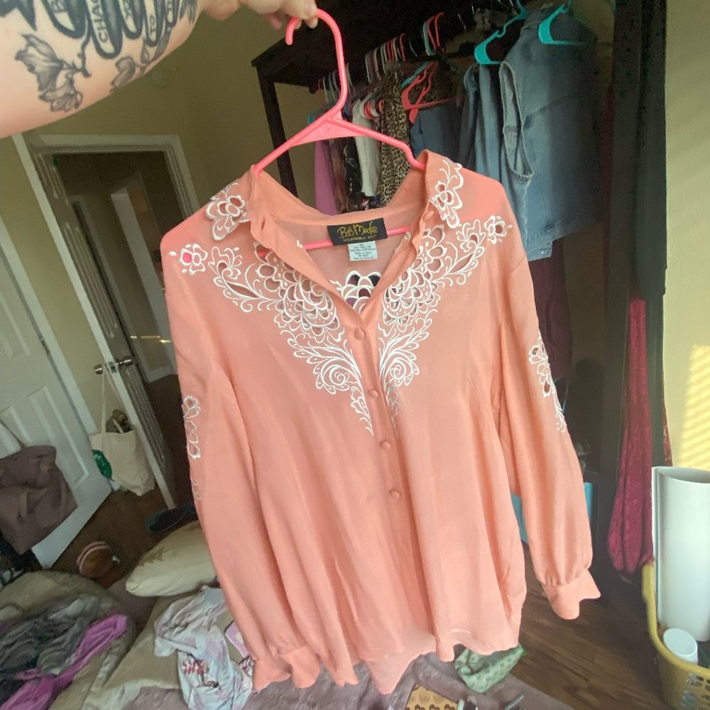 Plus Size - Vintage Western Bob Mackie Silk Blouse with Cutouts